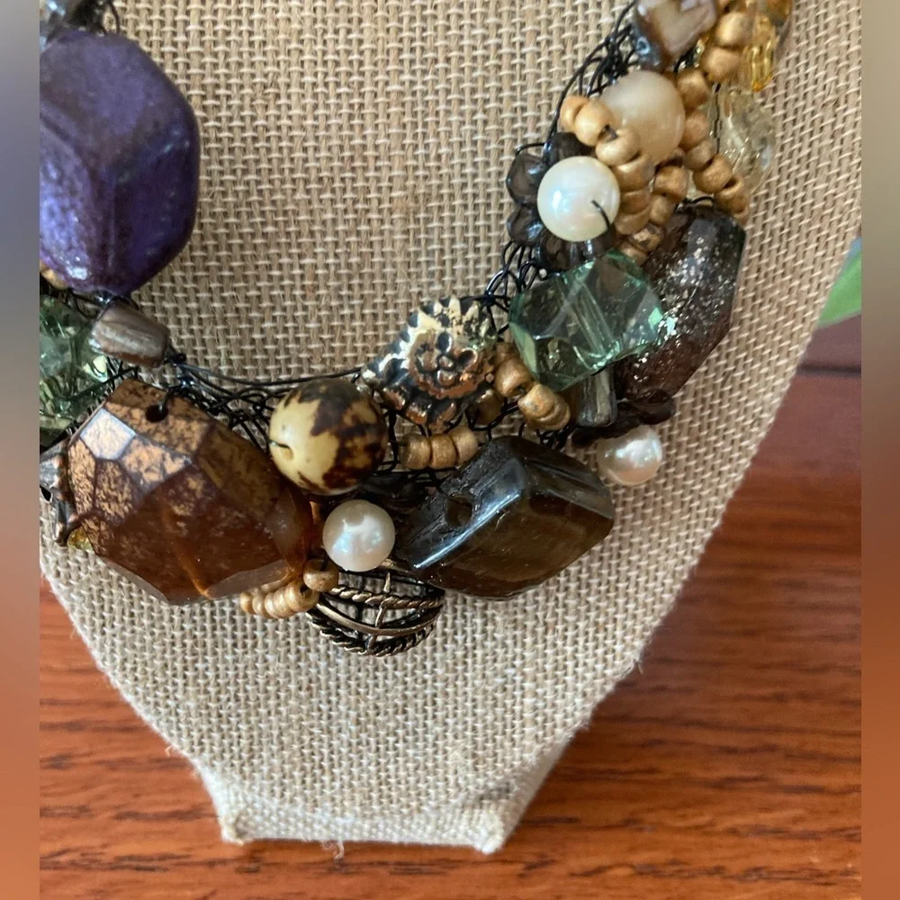 Handcrafted Vintage Boho Made in Italy Wire Wrap Necklace Stones Metal